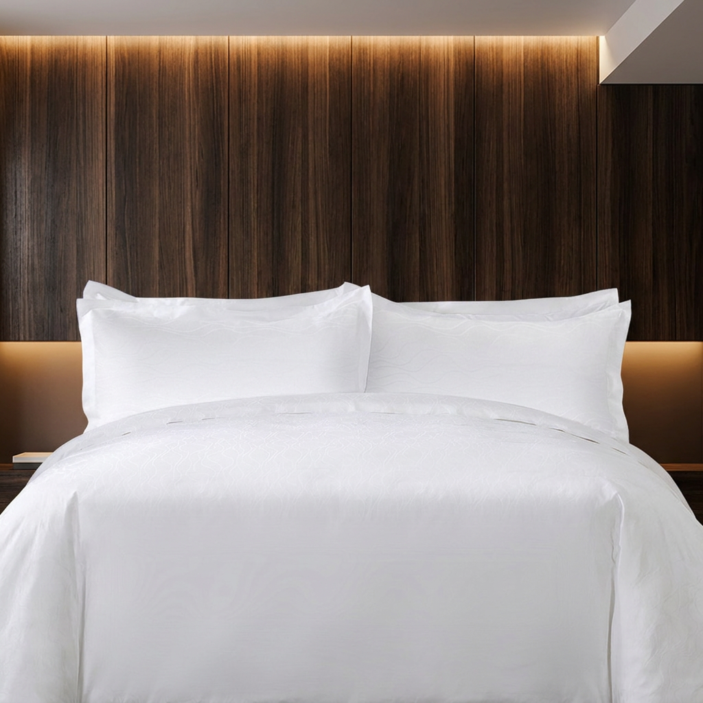 Premium white hotel sheets and crisp layered Oxford pillow shams styled against a dark vertical wood panel headboard background.