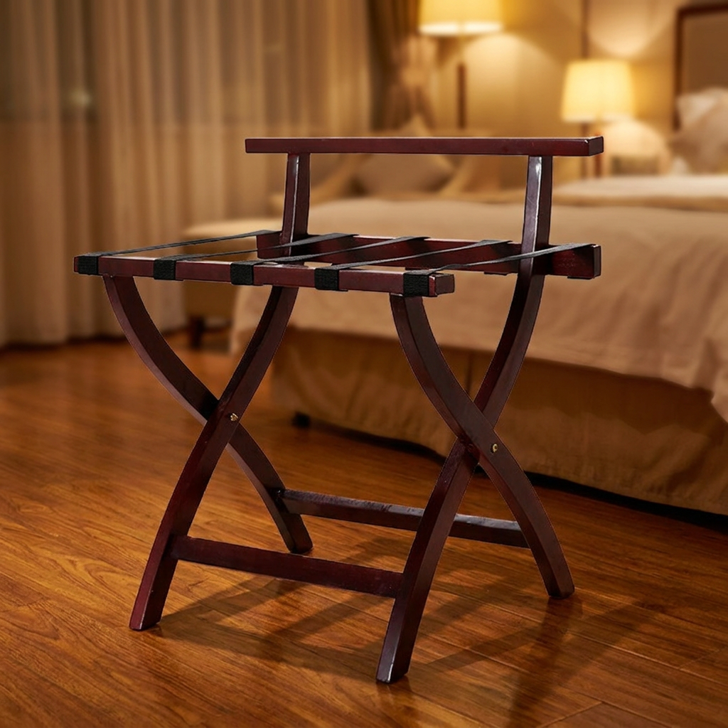 Galaxy Premium Folding Wooden Hotel Luggage Rack – Luxury Mahogany Hardwood Suitcase Stand with Backrest and Nylon Straps for Executive Guest Rooms - Image 2