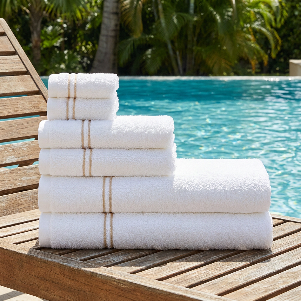 Premium White Hotel Pool Towel Collection – Luxury Combed Cotton Terry Towel Set with Tan Accent Dobby Border for Beach Resorts - Image 2