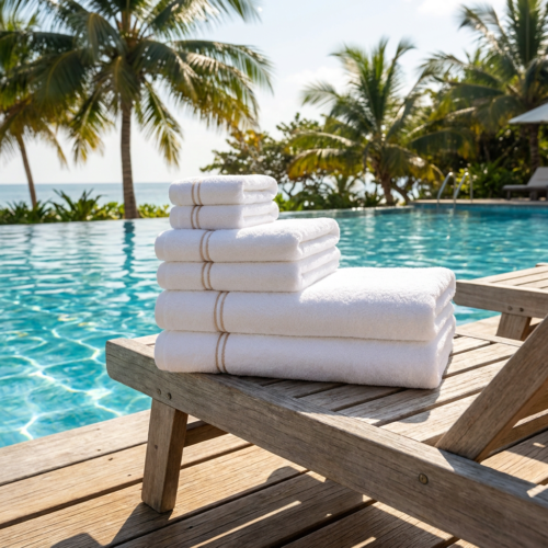 A neat vertical stack of luxury white hotel bath and pool towels featuring tan accent borders on a wooden lounge chair next to an infinity pool.