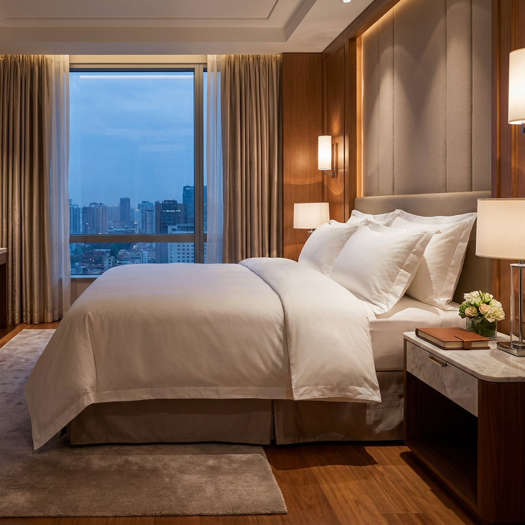 A luxury hospitality king bed styled with crisp white sateen linens and wide-bordered Oxford pillow shams overlooking a city skyline view.