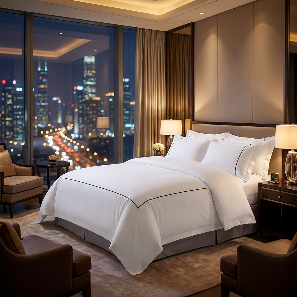 A luxury hospitality king bed styled with crisp white embroidered sateen sheets, matching wide-bordered pillow shams, and brown leather armchairs overlooking a city night skyline view.