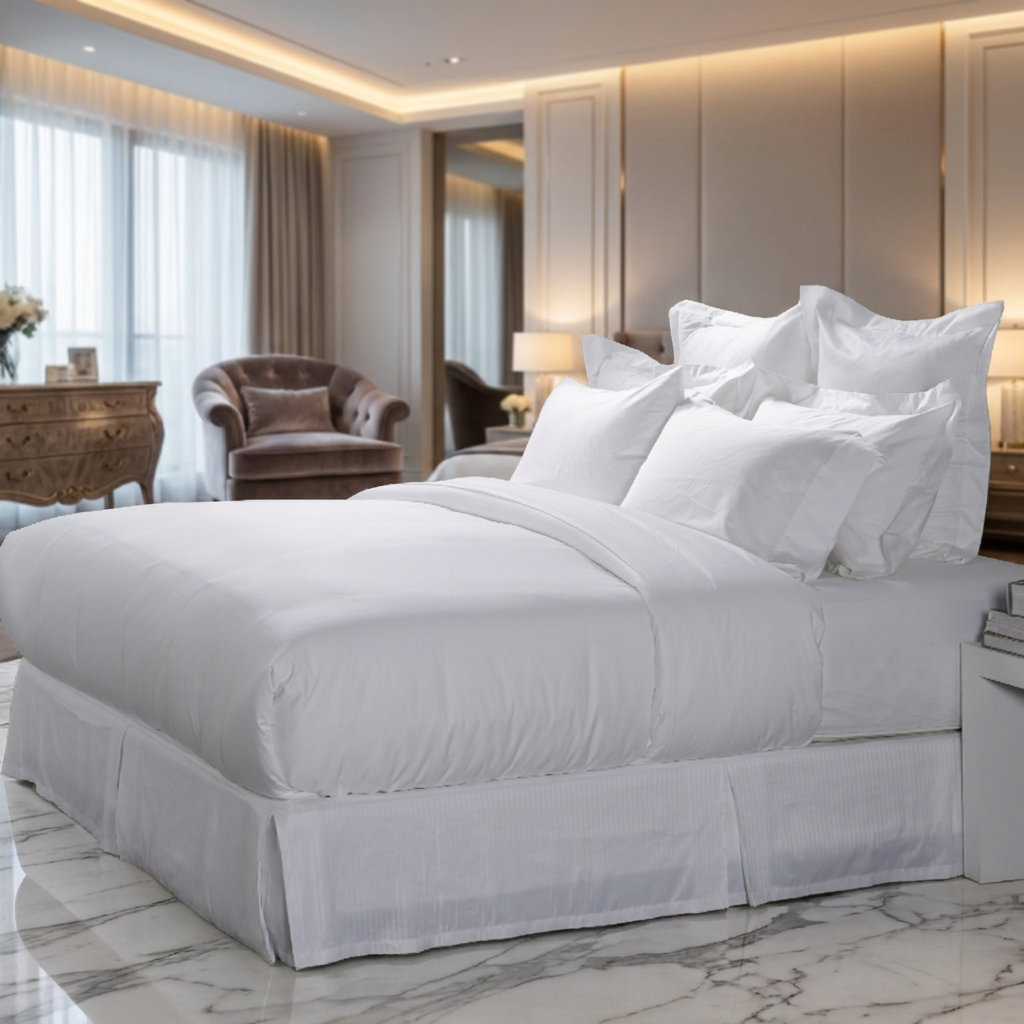 Premium crisp white hotel duvet cover, stacked Oxford pillows, and matching tailored bed skirt styled in a luxury marble-floored guest suite.