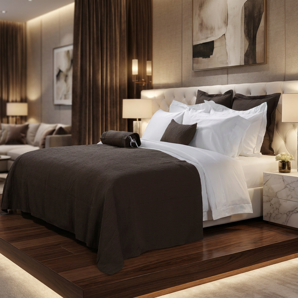 Galaxy Luxury Contrast Hotel Bedding Ensemble – Premium White Combed Cotton Duvet Cover Set with Deep Chocolate Brown Textured Bed Runner and Accent Pillow Bundle - Image 2