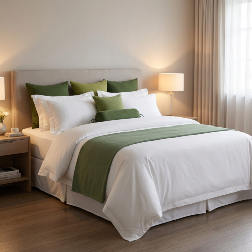 Galaxy premium white hotel duvet cover layered with olive green Euro shams, accent pillows, cylindrical bolster cushion, and matching olive bed runner in a sunlit guest suite.