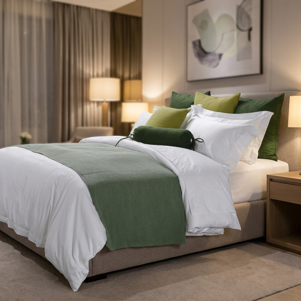 Galaxy Executive Olive Green Accent Hotel Bedding Suite – Premium White Combed Cotton Duvet Cover Set with Olive Euro Shams, Bolster Pillow, Accent Cushions, and Bed Runner Bundle - Image 2
