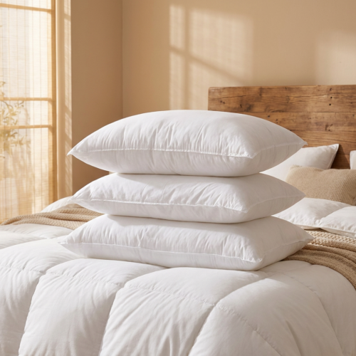 A neatly aligned vertical stack of three plush white hotel sleeping pillows on a fluffy white duvet bed against a warm wooden headboard.