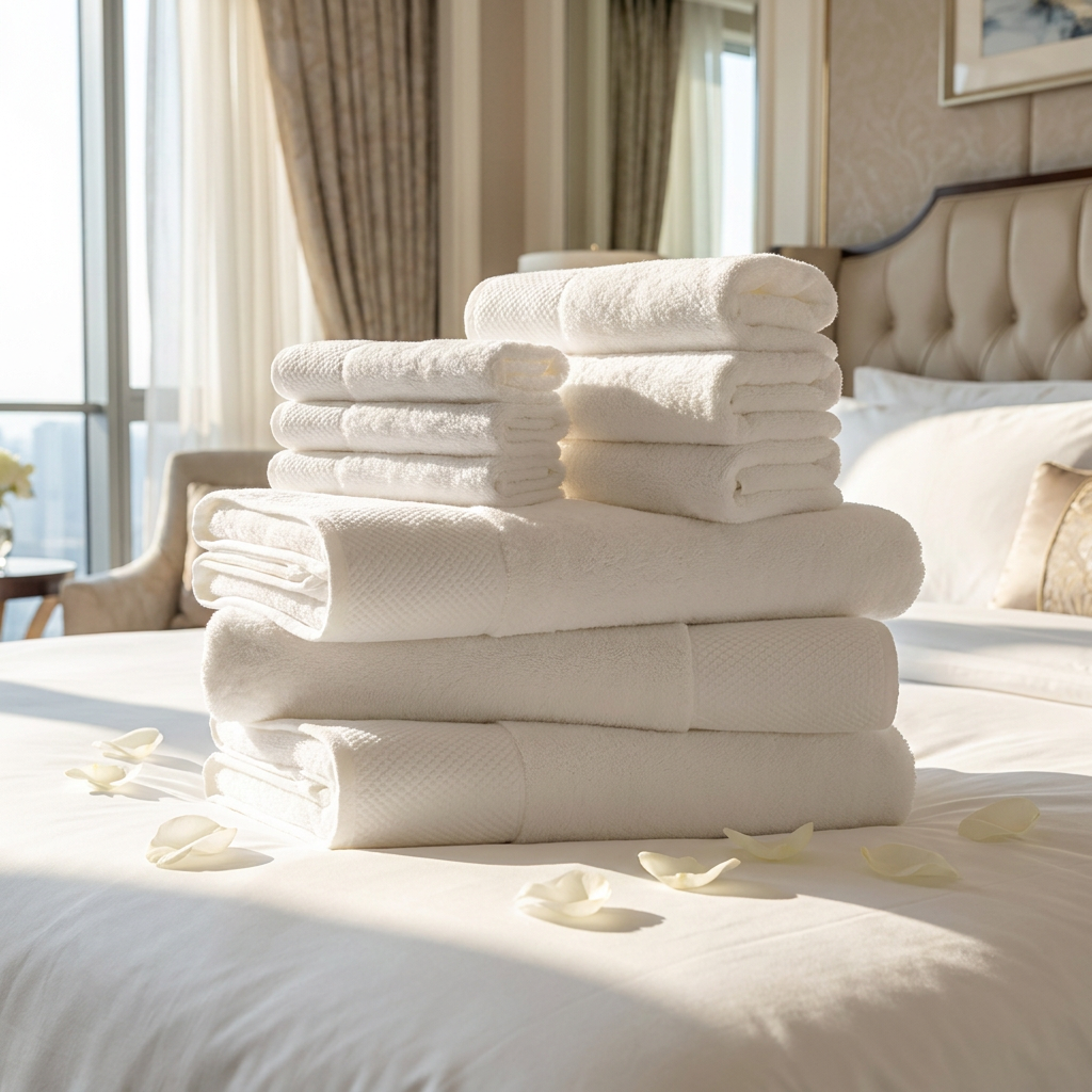 A neatly stacked set of pure white hotel bath towels, hand towels, and washcloths with subtle textured borders on a bed scattered with white rose petals.