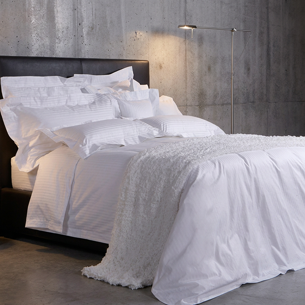 Premium white satin-striped hotel duvet cover, stacked Oxford pillowcases, and textured plush throw blanket on a black upholstered bed in an industrial concrete suite.