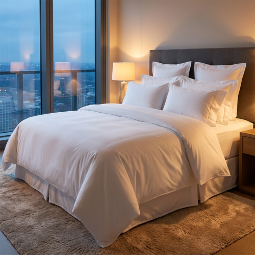 Galaxy premium pure white hotel duvet cover set with layered Oxford pillowcases and bed skirt on a grey upholstered bed overlooking a city skyline at dusk.
