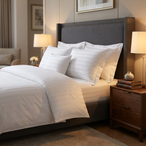 Galaxy luxury white satin stripe hotel duvet cover set with layered striped pillowcases on a charcoal grey wingback headboard bed.