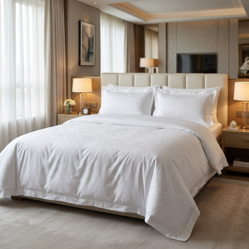 Galaxy premium white hotel duvet cover set with textured jacquard wave pattern on a cream upholstered bed in a warm luxury hotel suite.