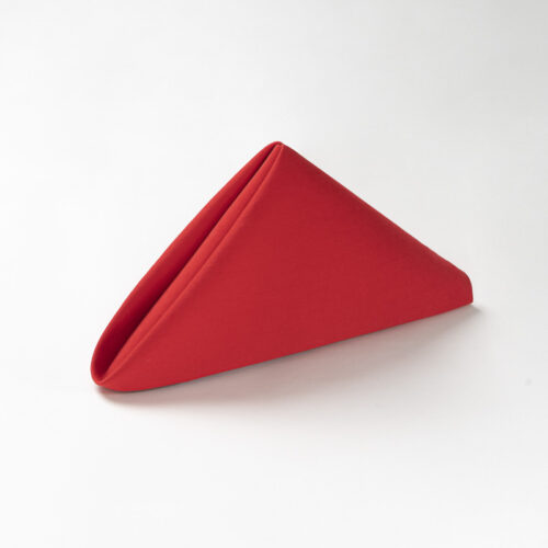Galaxy premium vibrant red polyester cloth napkin folded in a standing pyramid shape on a clean white background.