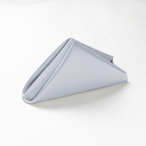 Galaxy premium silk satin silver grey polyester cloth napkin folded in a standing pyramid shape on a clean white background.