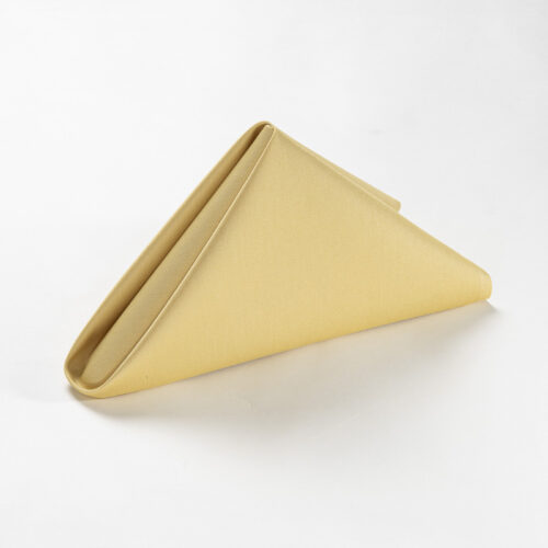 Galaxy premium champagne gold polyester cloth napkin folded in a standing pyramid shape on a clean white background.
