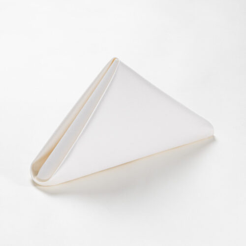 Galaxy premium off-white cream polyester cloth napkin folded in a standing pyramid shape on a clean white background.