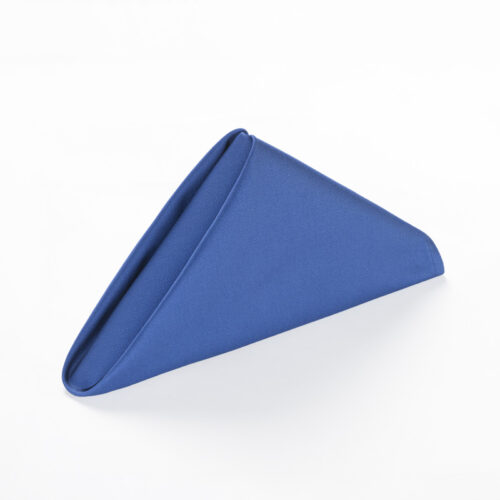 Galaxy premium royal blue polyester cloth napkin folded in a standing pyramid shape on a clean white background.