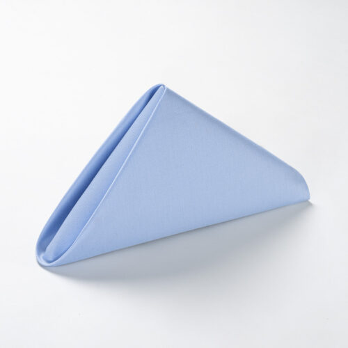 Galaxy premium sky blue polyester cloth napkin folded in a standing pyramid shape on a clean white background.