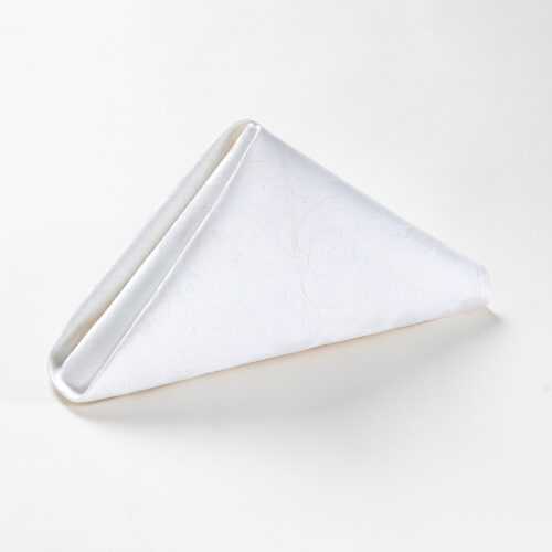 Galaxy premium white floral jacquard polyester cloth napkin folded in a standing pyramid shape on a clean white background.