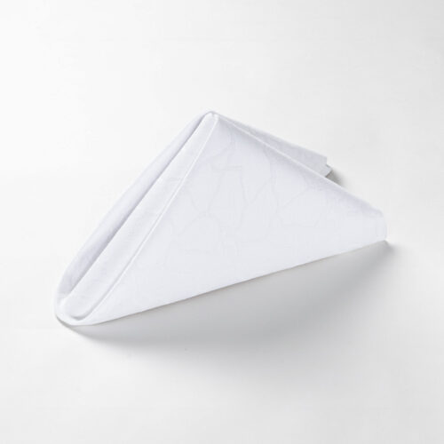Galaxy premium jacquard textured white polyester cloth napkin folded in a standing pyramid shape on a clean white background.