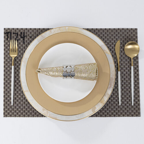 Galaxy premium espresso and silver grid PVC woven rectangular placemat with formal place setting on a white background.