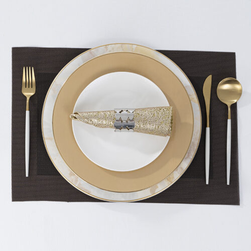 Galaxy premium espresso black crossweave PVC woven rectangular placemat with formal place setting on a white background.