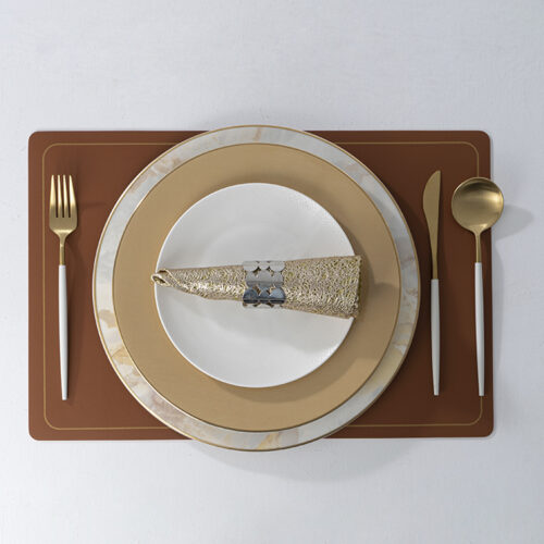Galaxy premium charcoal black and silver color-blocked PVC woven rectangular placemat with formal place setting on a white background.