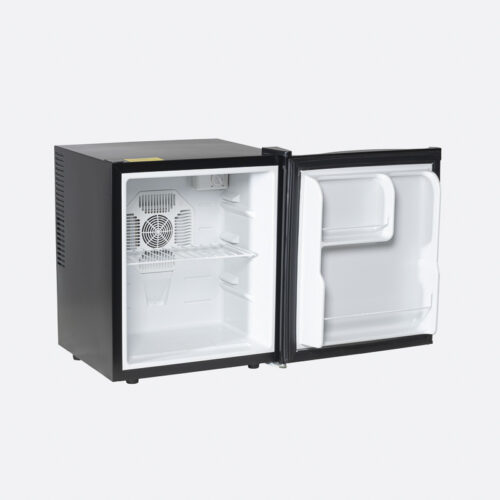 Galaxy silent commercial hotel minibar refrigerator in matte black with door open showing interior shelving.