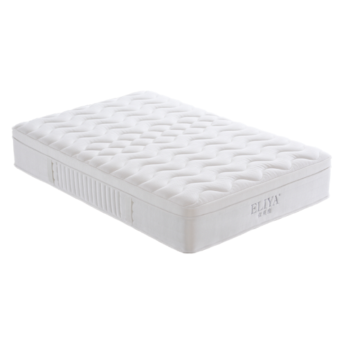 White luxury pocket coil hotel mattress with quilted cover and ergonomic support for hotel guest rooms.