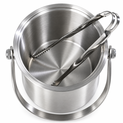 Top-down view of a brushed stainless steel double-wall ice bucket with a swing handle and serrated ice tongs resting inside on a white background.