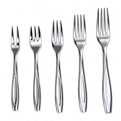 Studio lineup of five mirror-polished stainless steel hotel forks ranging from small two-prong fruit forks to main dinner forks on a white background.
