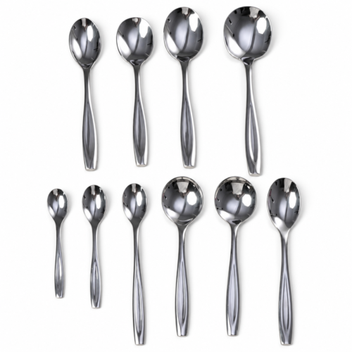 Studio arrangement of ten mirror-polished stainless steel hotel spoons ranging from small espresso spoons to large serving spoons on a white background.