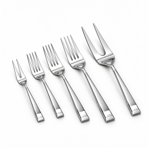 Studio lineup of five mirror-polished stainless steel hotel forks including fruit forks, dinner forks, and a two-prong carving fork on a white background.