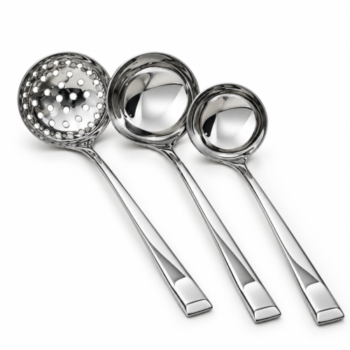 Studio shot of three mirror-polished stainless steel hotel ladles including a slotted skimmer spoon and two soup ladles on a white background.