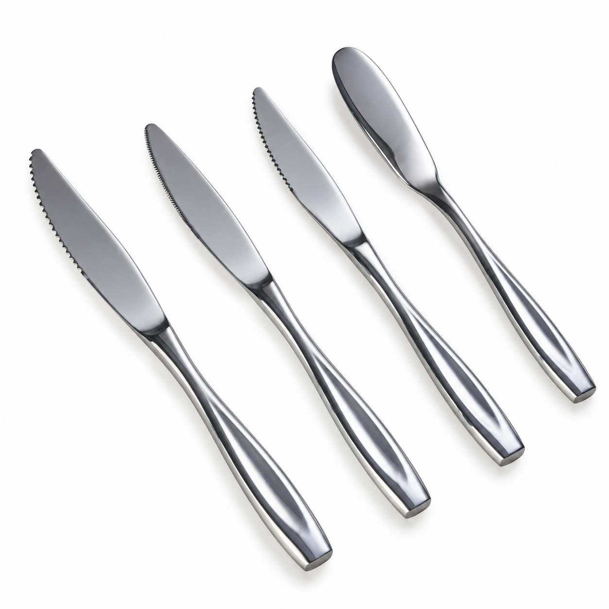 Four mirror-polished stainless steel hotel knives including micro-serrated steak knife, dinner knife, dessert knife, and butter knife on a white background.