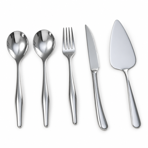 Five mirror-polished stainless steel cutlery pieces including a dessert spoon, dinner spoon, dinner fork, serrated knife, and triangle cake server on a white background.