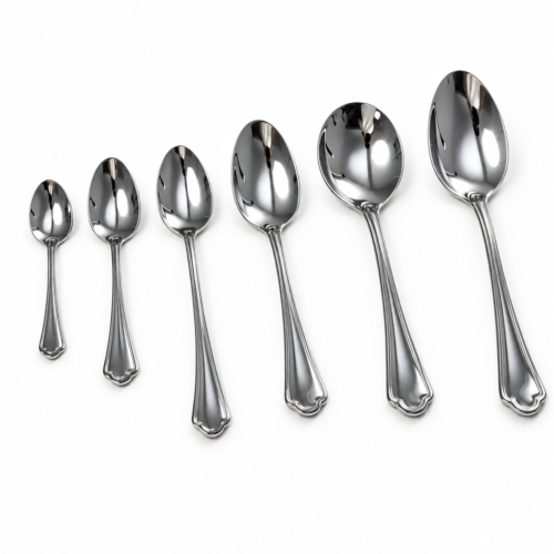 Six mirror-polished stainless steel hotel spoons featuring carved double-line handle borders displayed in increasing size order on a white background.