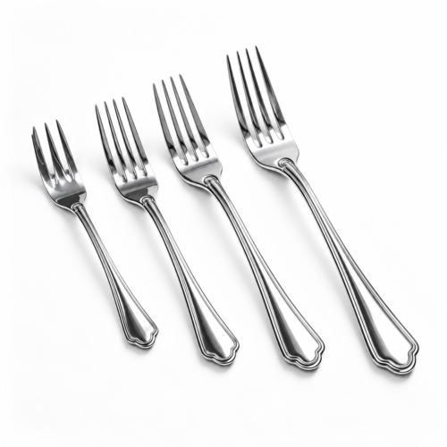 Four mirror-polished stainless steel hotel forks featuring carved double-line handle borders displayed on a white background.