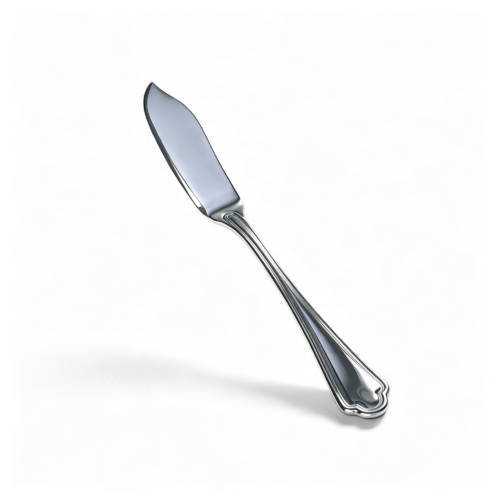 Product grid displaying mirror-polished stainless steel hotel knives featuring serrated steak knives, dinner knives, and butter spreaders with embossed handles on a white background.