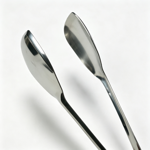 Product collage of mirror-polished stainless steel hotel serving tongs including bread tongs, salad tongs, ice tongs, and slotted food tongs on a white background.