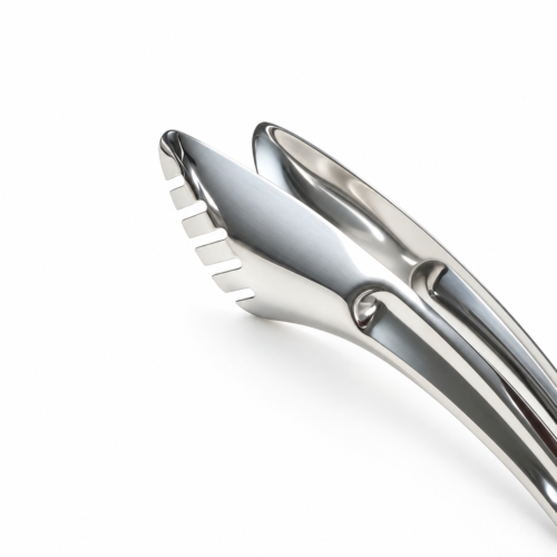Product collage of mirror-polished stainless steel hotel serving tongs including fork-spoon salad tongs, bread clams, and serrated food tongs on a white background.
