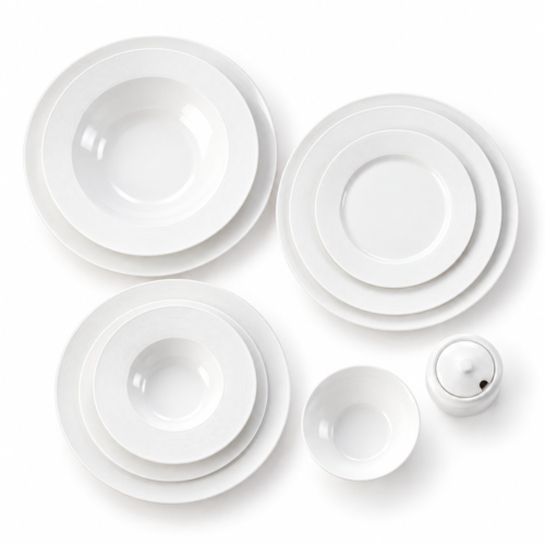Top-down view of a pure white porcelain hotel dinnerware set featuring wide-rim pasta bowls, stacked plates, a small bowl, and a sugar jar on a white background.