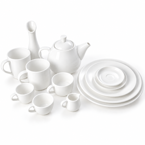 Pure white porcelain hotel tableware set featuring a teapot, coffee cups, mugs, milk jug, pitcher, and stacked plates on a white background.