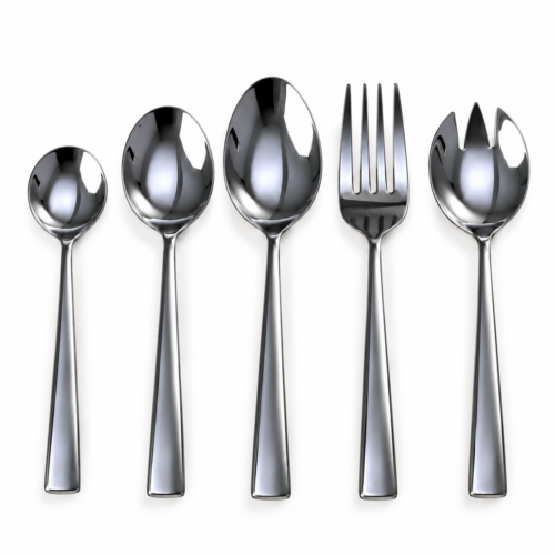 Five mirror-polished stainless steel serving utensils including a teaspoon, dessert spoon, serving spoon, serving fork, and salad server spork on a white background.