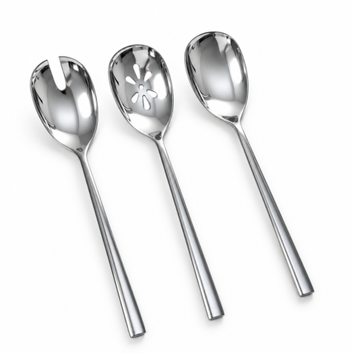 Three mirror-polished stainless steel serving spoons including a salad spoon, slotted spoon, and solid serving spoon on a white background.