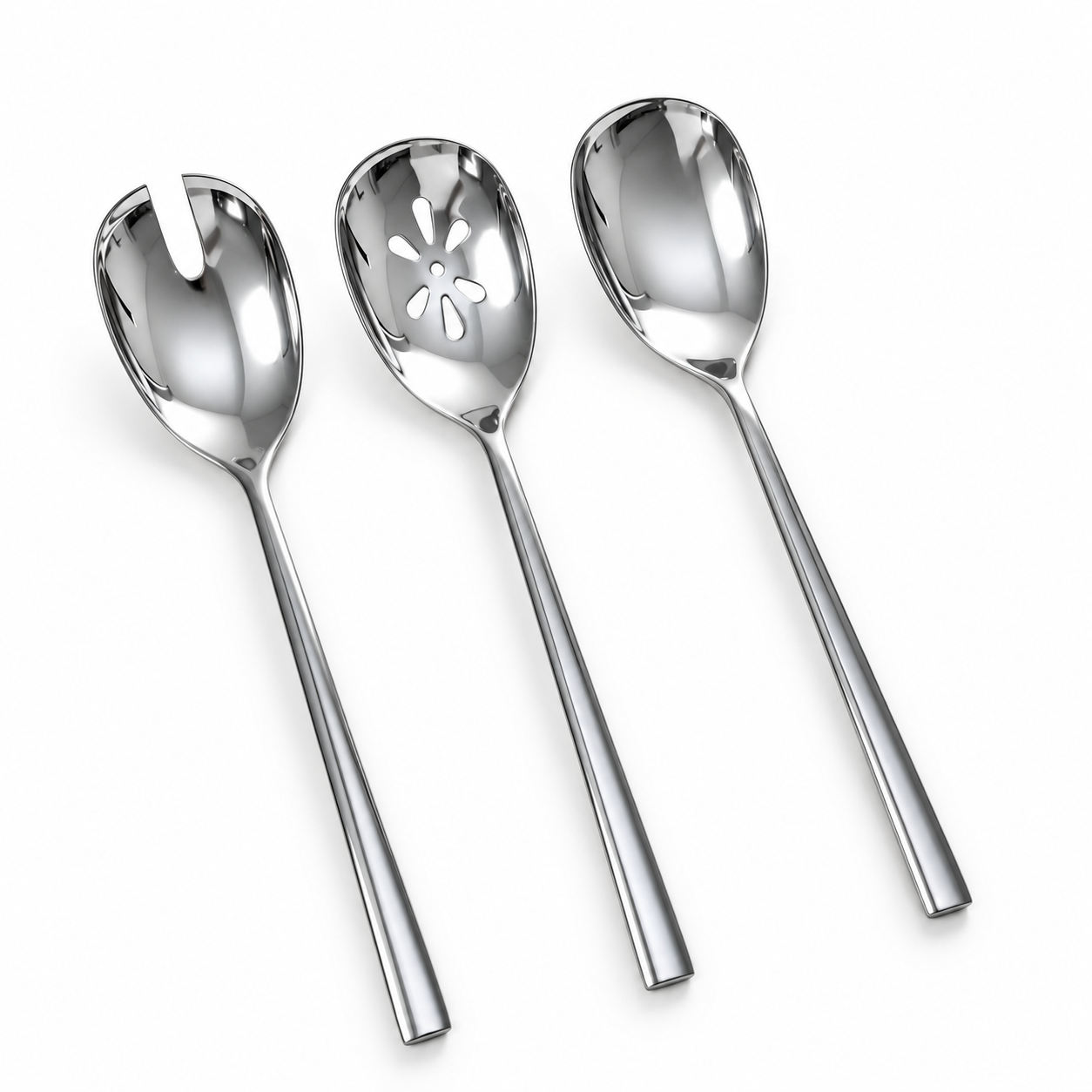 Three mirror-polished stainless steel serving spoons including a salad spoon, slotted spoon, and solid serving spoon on a white background.