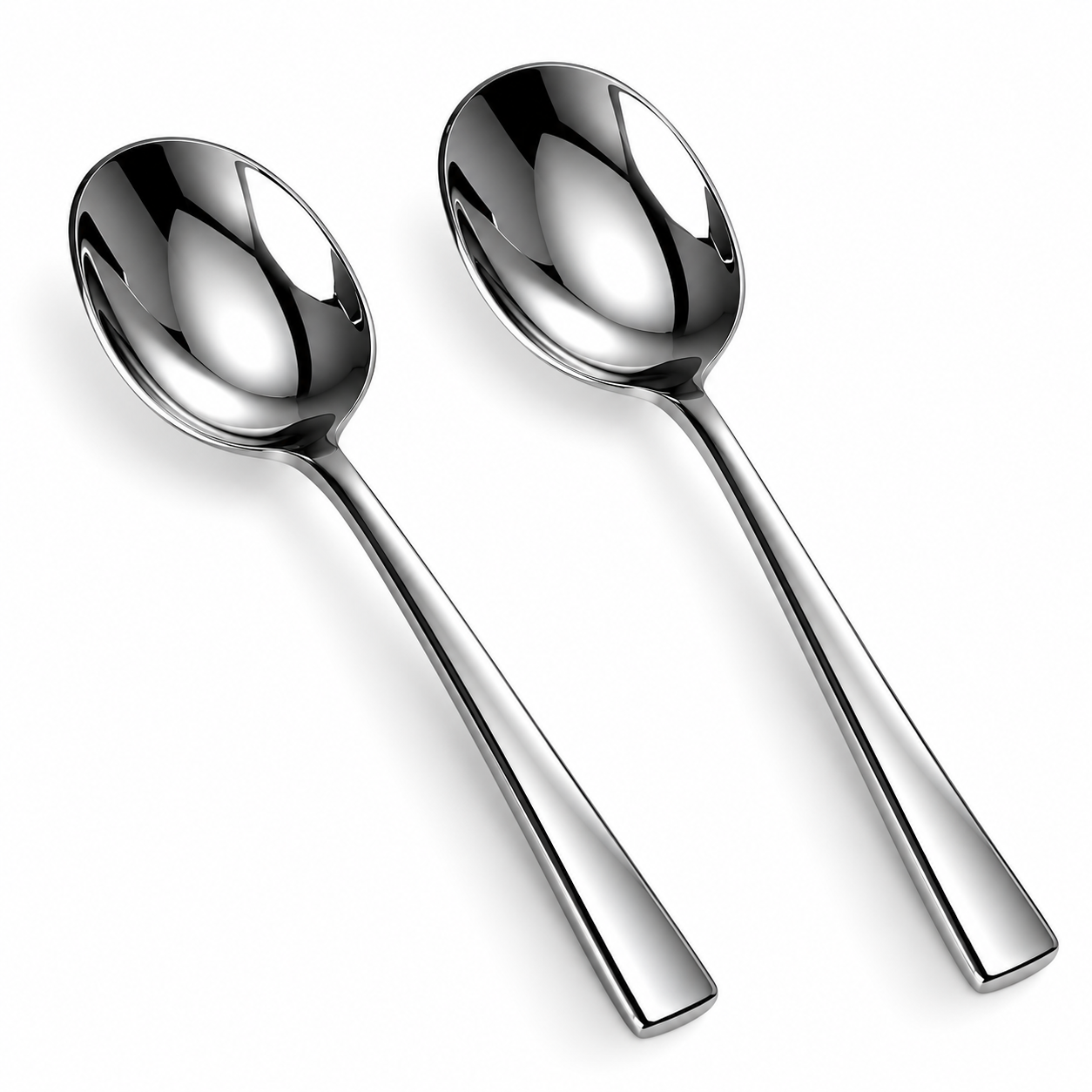 Two mirror-polished stainless steel spoons showing a dessert spoon and main dinner spoon displayed on a white background.