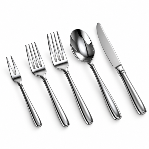 Five mirror-polished stainless steel cutlery pieces including a fruit fork, salad fork, dinner fork, dinner spoon, and dinner knife.