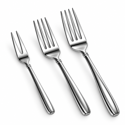 Three mirror-polished stainless steel forks including a two-prong fruit fork, salad fork, and dinner fork displayed on a white background.